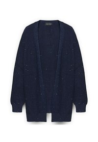 Cardigan blu navy con apertura frontale, maniche lunghe e maglia lavorata con dettagli argentati sparsi. Tessuto morbido con vestibilità ampia.