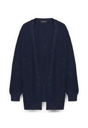 Cardigan blu navy con apertura frontale, maniche lunghe e maglia lavorata con dettagli argentati sparsi. Tessuto morbido con vestibilità ampia.