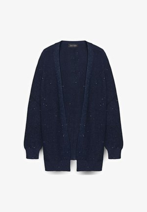 Cardigan blu navy con apertura frontale, maniche lunghe e maglia lavorata con dettagli argentati sparsi. Tessuto morbido con vestibilità ampia.