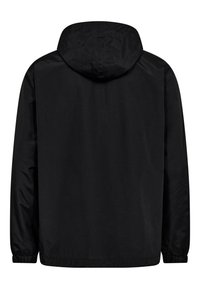 Schwarze Kapuzenjacke aus leichtem Stoff, mit glatter Textur und elastischen Bündchen, ohne sichtbare Markenzeichen oder Designakzente.