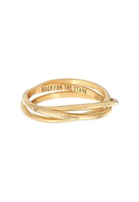Ring i guldfärg med tre sammanflätade band med stjärnaccenter och ingraverad text som lyder "REACH FOR THE STARS" på insidan.