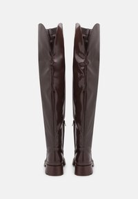 Botas altas marrones, hechas de un material brillante con una superficie lisa, que presentan una punta redondeada y una suela gruesa y texturizada para mayor agarre.