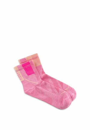 Pair of pink ankle socks with geometric patterns in darker and lighter pink shades laid flat on white background.