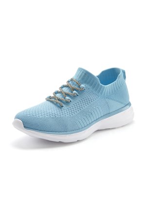 Light blue athletic shoe with a knitted upper, ribbed collar, silver laces, and a white sole; features textured surface and lightweight design.