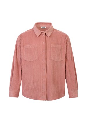 Chemise en velours côtelé rose avec un devant à boutons, un col, deux poches à la poitrine et des manches longues avec une texture côtelée.