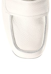 White leather slip-on shoe with a textured surface, rounded toe, and contrasting gray stitching along the edges. No hardware visible.