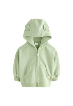 Svetlo zelena jopa z zadrgo in podloženim kapuco z majhnimi ušesi, z dvema sprednjima žepoma ter rebrastimi manšetami in spodnjim robom. Mehka flis tkanina.