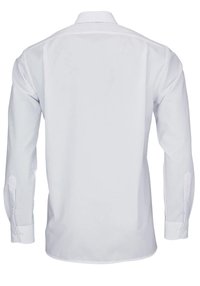 Camicia bianca a maniche lunghe con una trama semplice, polsini a bottoni, colletto standard e orlo dritto, caratterizzata da una finitura in tessuto liscia.