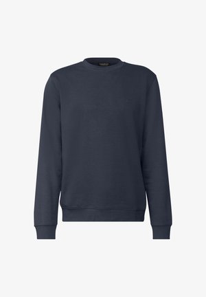 Navy blue crewneck sweatshirt with long sleeves, ribbed cuffs and hem, and a small embossed logo on the left chest.