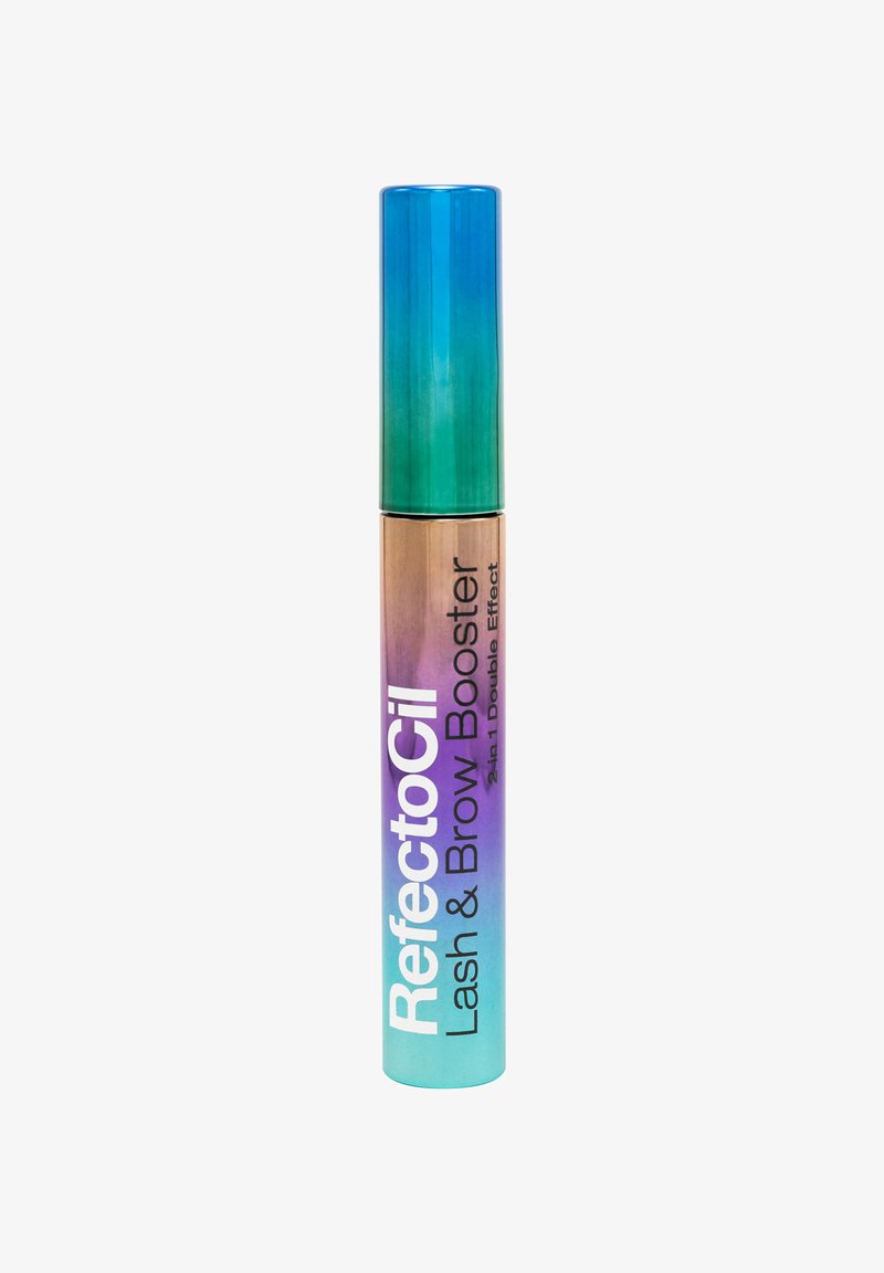 RefectoCil Lash & Brow Booster in a gradient ombre tube (blue to teal) with white text, designed for enhancing lashes and brows.