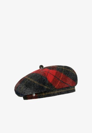 Woolen beret with red, black, and gray plaid pattern and a small top loop, shown on a white background.