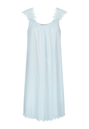 Lyseblå natkjole med blonder på skuldrene, med en rynket halsudskæring og en blidt bølget kant. Fremstillet af blødt stof.