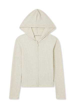 Felpa con zip color beige chiaro realizzata in tessuto a coste. Presenta un cappuccio, maniche lunghe e un design strutturato con una texture liscia.