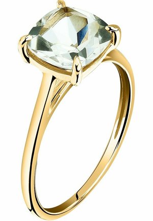 Gold ring featuring a cushion-cut clear gemstone, set in four prongs with a smooth, polished band. The gemstone reflects light prominently.