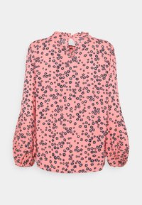 Blusa rosa realizzata in tessuto leggero con motivo floreale in blu navy e bianco. Presenta un collo rotondo e maniche a palloncino con polsini elastici.