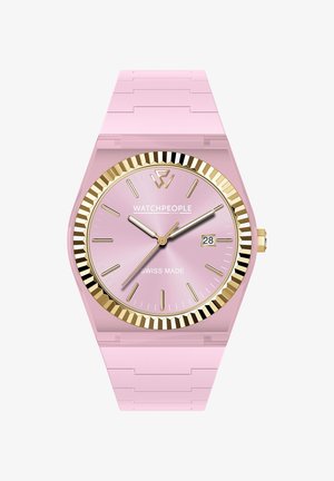 Roza silikonska ura z zlato obrobo, roza številčnica z zlatimi označevalci ur in prikazom datuma ob 3. uri. Švica.