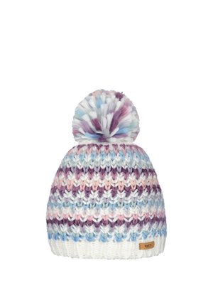 Gorro de punto con rayas en azul pastel, rosa, púrpura y blanco, puño blanco acanalado y pompón multicolor.