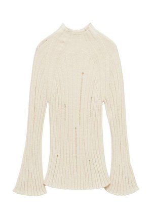 Off-white, ribbed long-sleeve top with a high neckline and flared cuffs. Made of textured fabric with subtle variations in tone.