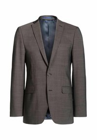 Grauer Blazer aus strukturiertem Stoff, einreihiges Design, mit Reverskragen und zwei Fronttaschen. Gefüttertes Innenfutter in Dunkelblau.