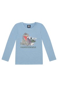Camiseta de algodón de manga larga de color azul claro con un gráfico de un Gigantosaurus, texto que dice "GIGANOTOSAURUS" y un logo de dinosaurio.