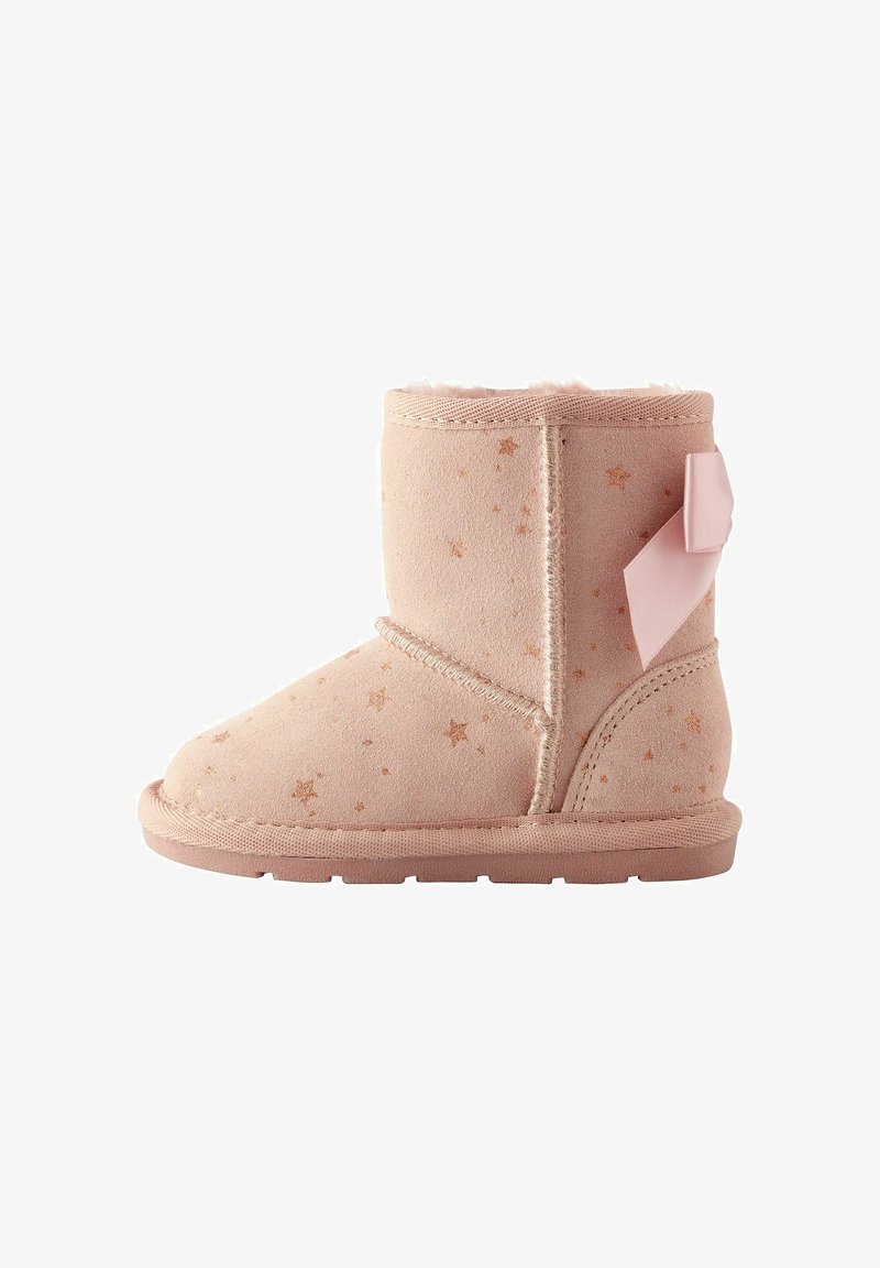Stivaletto rosa per bambino con piccoli motivi a stelle, fodera morbida, suola cucita e un fiocco decorativo sul retro.