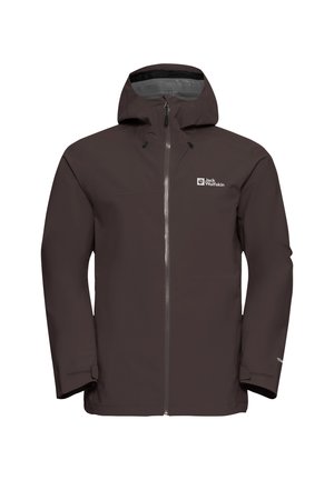 Giacca impermeabile marrone con zip frontale e cappuccio. Presenta polsini regolabili e un logo sul lato sinistro del petto. Texture liscia, senza motivi visibili.