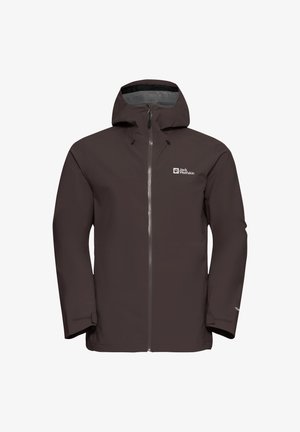 Pruun veekindel jope, millel on tõmblukk ja kapuuts. Omab reguleeritavaid mansette ja logo vasakul rinnaümbruses. Sile tekstuur, ilma nähtavate mustriteta.