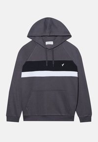 Sudadera con capucha de color gris oscuro, con rayas horizontales en blanco y negro en el pecho y un pequeño logotipo de un pájaro blanco sobre la raya negra.