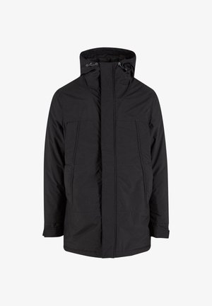 Črna izolirana jakna z visokim ovratnikom, dvema sprednjima žepoma, zadrgo in nastavljivo kapuco s vrvico. Gladka tekstura.