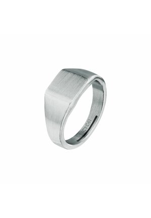 Anello sigillo rettangolare in argento spazzolato con fascia larga e finitura opaca liscia, mostrato su sfondo bianco.