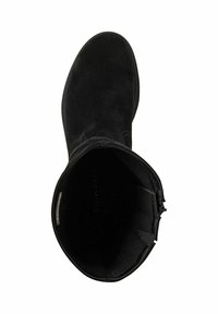 Black suede ankle boot with a rounded toe, smooth finish, and a short, flexible shaft. Inside features a soft lining with branding.