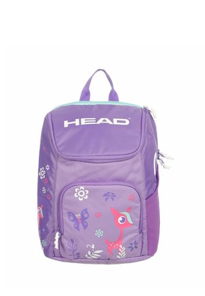 Lila Kinder-Rucksack mit Blumen- und Tiermustern, vorderer Reißverschlusstasche und "HEAD" Logo im oberen Bereich.