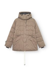 Beige isolierte Jacke mit Kapuze, gesteppte Textur, zwei vordere Taschen, Kordelzugsaum und schwarze Akzente an den Ärmeln.