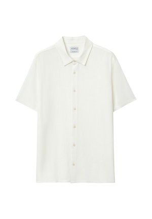 Camicia bianca a maniche corte con bottoni, colletto classico, vestibilità rilassata e bottoni frontali visibili su sfondo bianco.