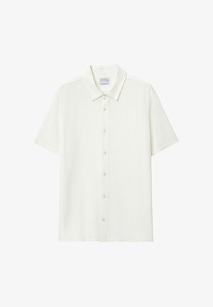 Camicia bianca a maniche corte con bottoni, colletto classico, vestibilità rilassata e bottoni frontali visibili su sfondo bianco.