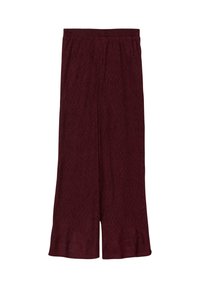 Burgunderfarbene weit geschnittene Culottes mit gerippter Struktur, elastischem Taillenbund und cropped Saum. Aus weichem, leichtem Material gefertigt.