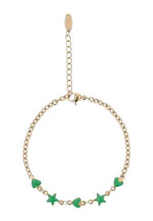 Guld kædearmbånd med skiftevis grønne emaljehjerter og stjerner, med justerbar lås og forlængerkæde.