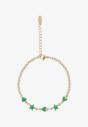 Bracelet chaîne en or avec des cœurs émaillés verts alternant avec des étoiles, doté d'un fermoir réglable et d'une chaîne d'extension.