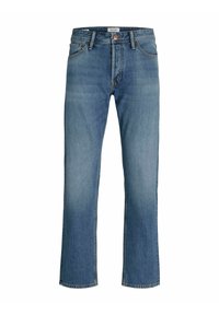 Blå denimjeans med rak bendesign, utrustad med knappgylf, fem fickor och en lätt blekning av färgen längs låren.
