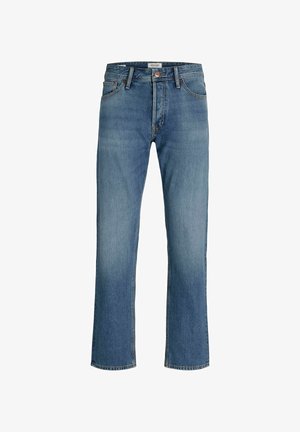 Jeans in denim blu con un design a gamba dritta, dotati di chiusura a bottoni, cinque tasche e una leggera scoloritura lungo le cosce.