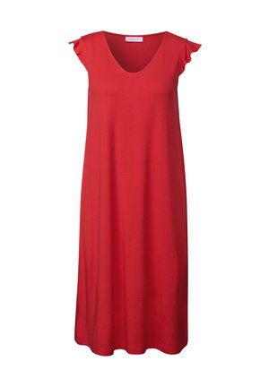 Rød ærmeløs kjole lavet af blødt stof med V-udskæring og rynkede skulderdetaljer, der har en løs, lige silhuet.
