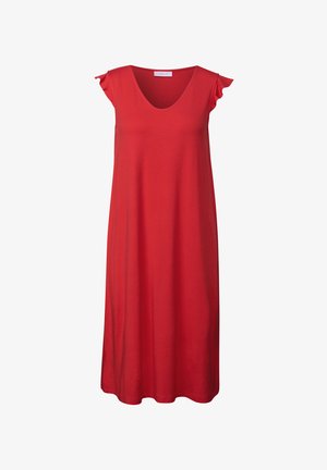 Abito senza maniche rosso realizzato in tessuto morbido, con scollo a V e dettagli arricciati sulle spalle, caratterizzato da una silhouette dritta e morbida.