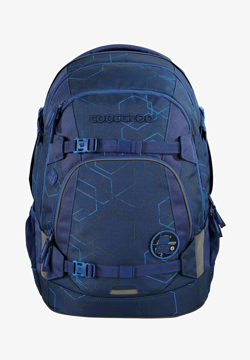 Navy blue backpack with a geometric pattern, featuring adjustable straps, multiple zippered pockets, and logo detail on front.