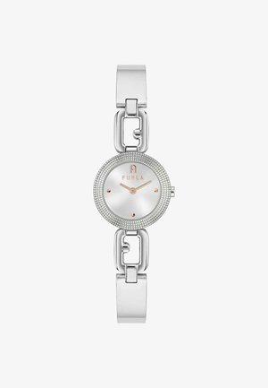 Srebrni metalni sat s okruglim brojčanikom, teksturiranim okvirom, minimalističkim oznakama i dizajnom narukvice s povezanim članovima. Prikazana marka "Furla".