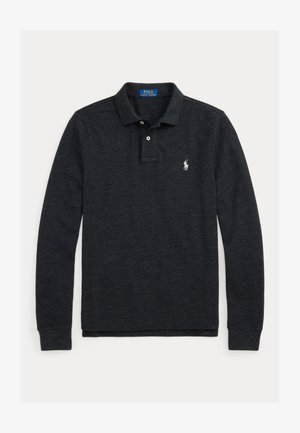 Temno siva polo majica z dolgimi rokavi, ovratnikom, dvema gumboma in belim vezenim logotipom Polo Ralph Lauren na levi strani prsnega koša.