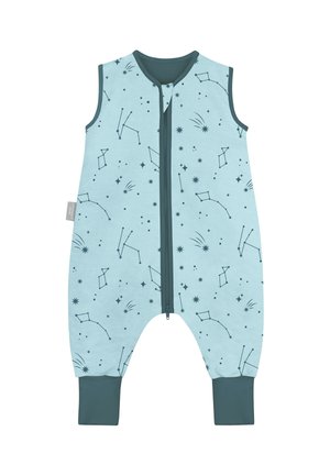 Sleeveless blue baby romper with dark blue cuffs and zipper, featuring a constellation and star pattern all over.