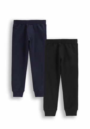 Dwie pary dziecięcych dresów, jedna granatowa, a druga czarna, obie z elastycznymi pasami i mankietami.