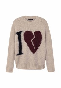 Μπεζ πλεκτό πουλόβερ με μαύρο γράμμα "I" και γραφικό καρδιάς σε βουργουνδία. Σχεδιασμός με στρογγυλή λαιμόκοψη και ριμπ μανσέτες και τελείωμα. Μαλακή υφή.
