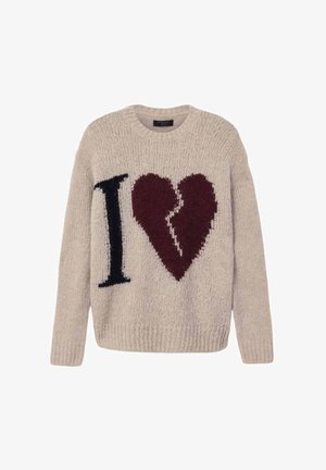 Smėlio spalvos megztinis iš megztos medžiagos, puoštas juodu „I“ ir bordo širdies grafiniu motyvu. Apvalus kaklas,apversta briaunelė rankovėms ir apačiai. Minkštos tekstūros.