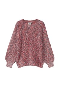 Miękki, za duży sweter w różnych odcieniach czerwieni i fioletu, z okrągłym dekoltem i ściągaczami na rękawach, wykonany z teksturowanej tkaniny.
